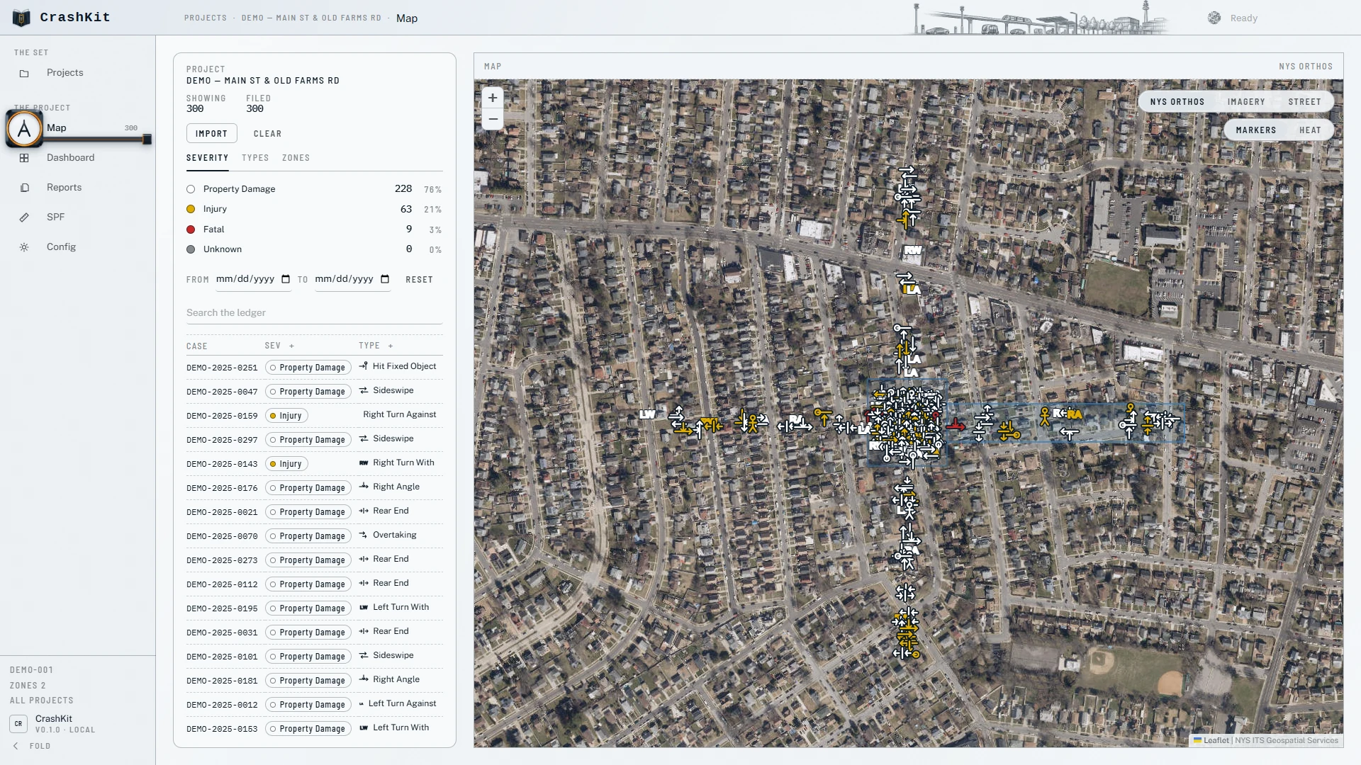 The crash tool's map: a fictional Main St and Old Farms Rd job with synthetic crashes marked by severity over an aerial.